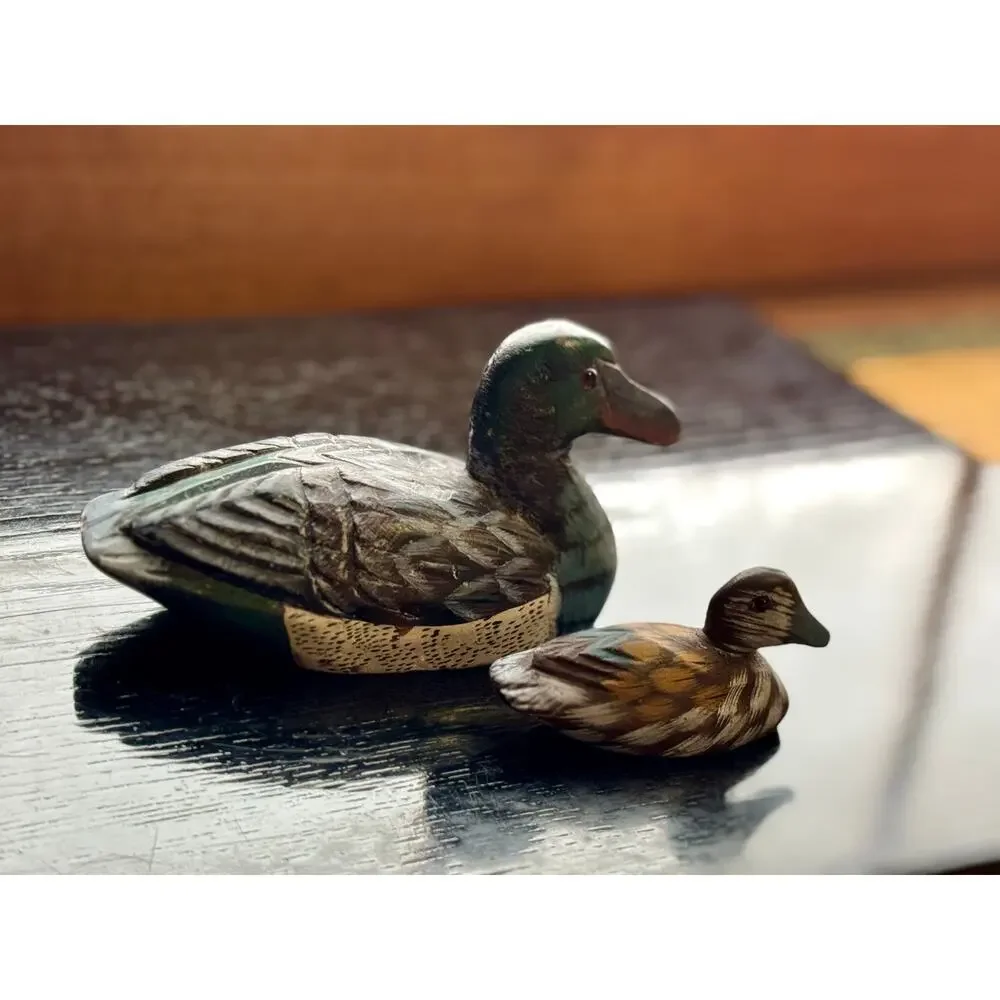 Vintage Carved Duck Pair Figurines – Stone Paperweight Duck and Wooden Mini Duck